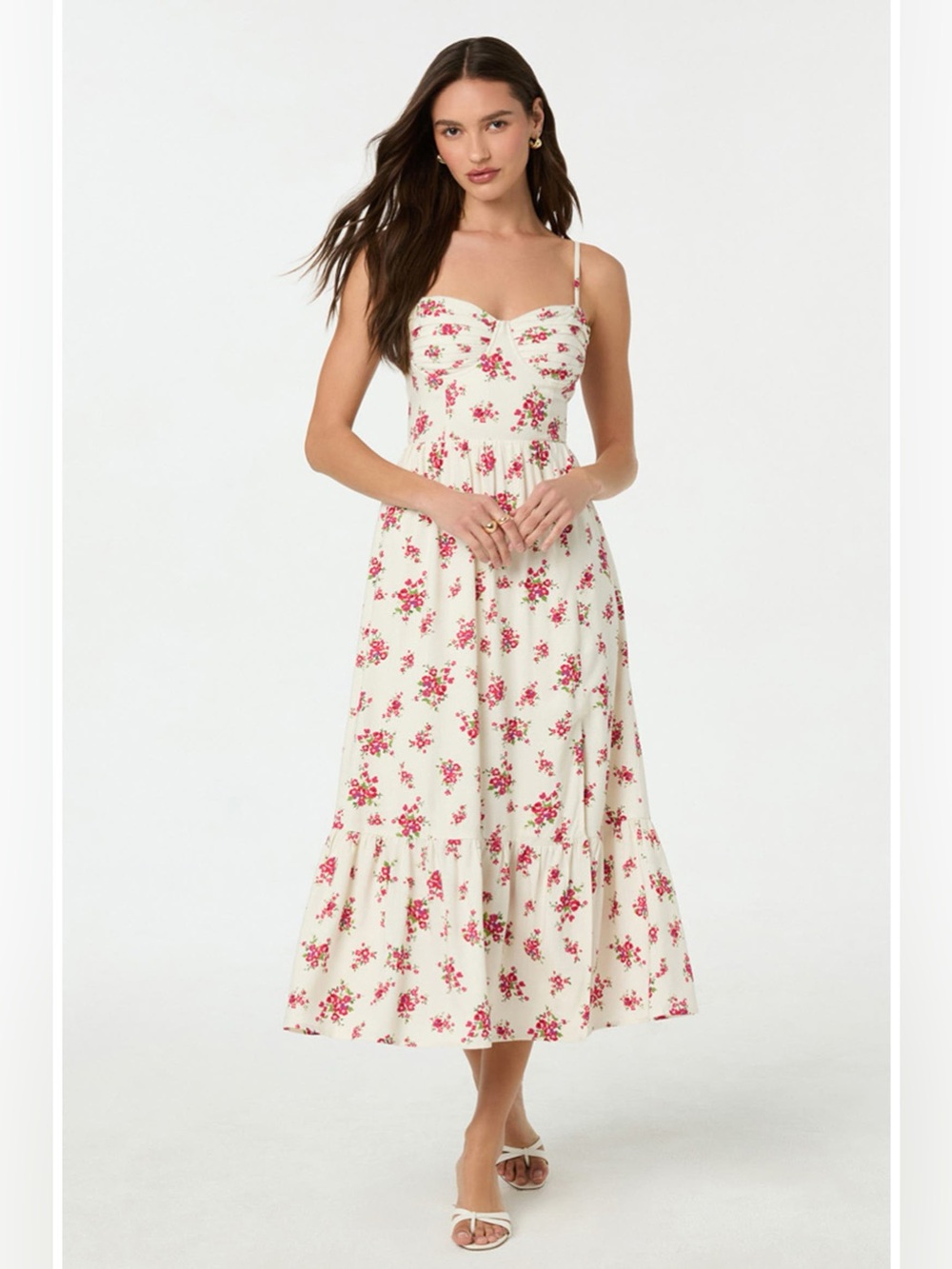 ASTR The Label Pleated Bust Fit & Flare Midi Dress Size Medium Red Floral - Picture 14 of 14